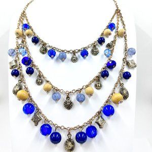 Blue Beaded & Charmed Multi-Layer Antiqued Gold Tone 16” Necklace